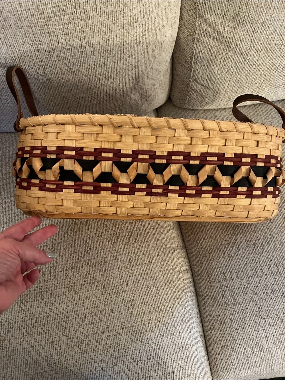 Handwoven Oval Basket with Leather Handles - Natural & Dark Brown
